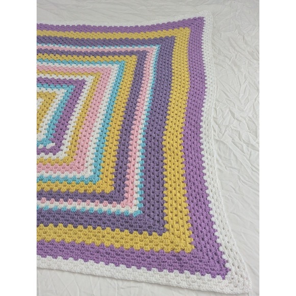 VTG Crochet Baby Afghan Blanket Throw Yellow Purple Pink Pastel 57x56 Square - Picture 4 of 6